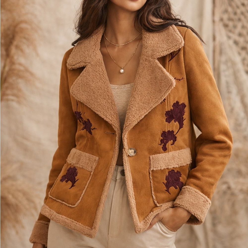 Miss Me Boho Western Floral Embroidered Sherpa Faux Leather Shacket Cottagecore - Picture 1 of 8